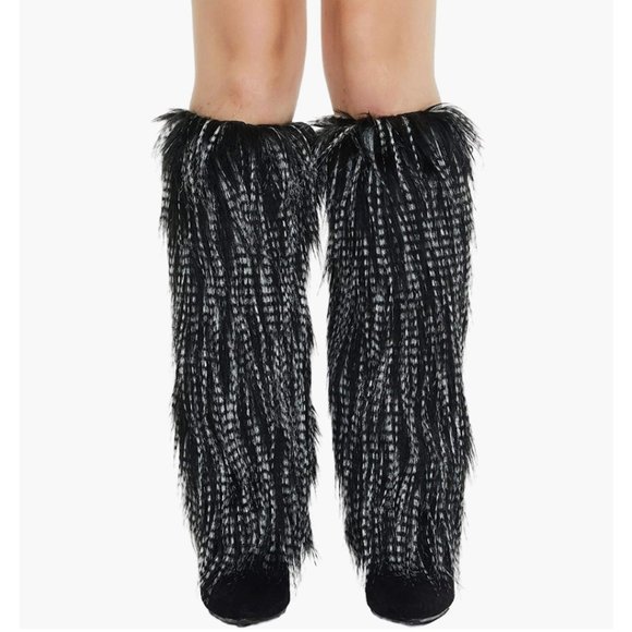 Tall Black & White Fuzzy Faux Fur Long Feather Cuff Boot Covers Leg Warmer Socks - Picture 4 of 6